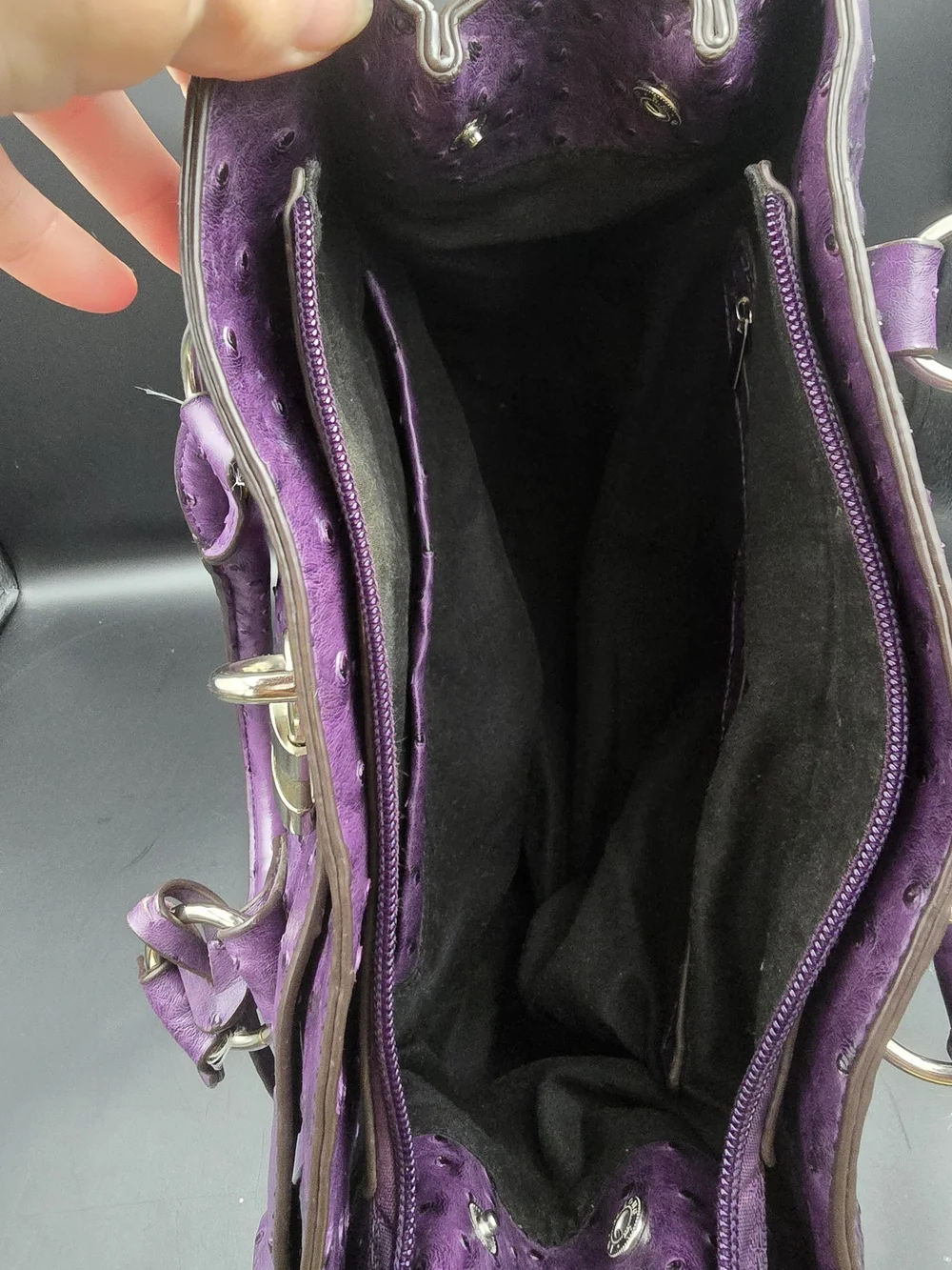 Purple Ostrich-Texture Satchel Handbag with Lock Detail